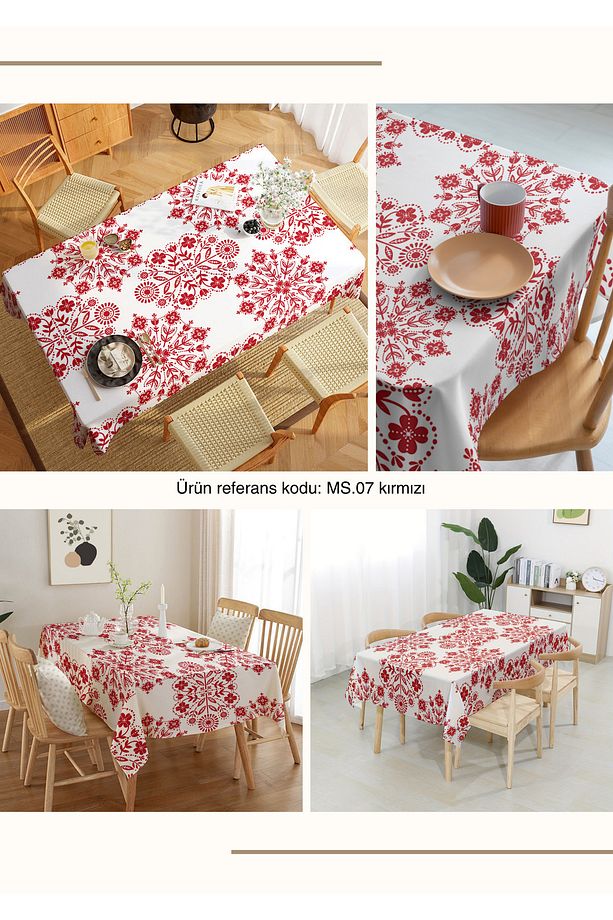 Kırmızı Çiçek Motif Desenli Dijital Baskı Dertsiz Kumaş Masa Örtüsü - 6