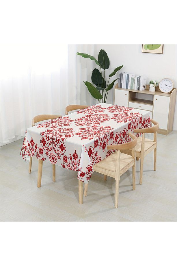 Kırmızı Çiçek Motif Desenli Dijital Baskı Dertsiz Kumaş Masa Örtüsü - 4