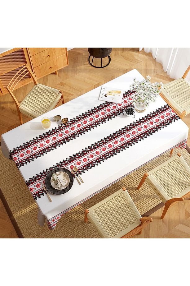 Kırmızı Motif Desenli Dijital Baskı Dertsiz Kumaş Masa Örtüsü - 2