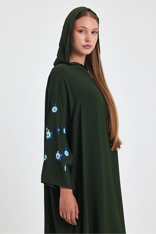 Maxi Boy Haki Kapüşonlu Nakış Işlemeli Örme Viscon Elbise Bcvl-25981 - 6