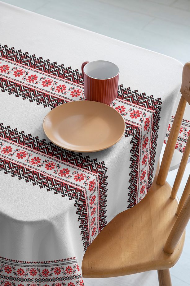 Kırmızı Motif Desenli Dijital Baskı Dertsiz Kumaş Masa Örtüsü - 5