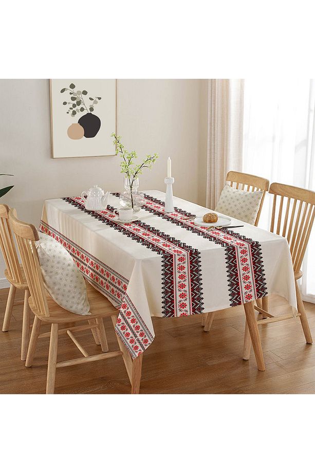 Kırmızı Motif Desenli Dijital Baskı Dertsiz Kumaş Masa Örtüsü - 4