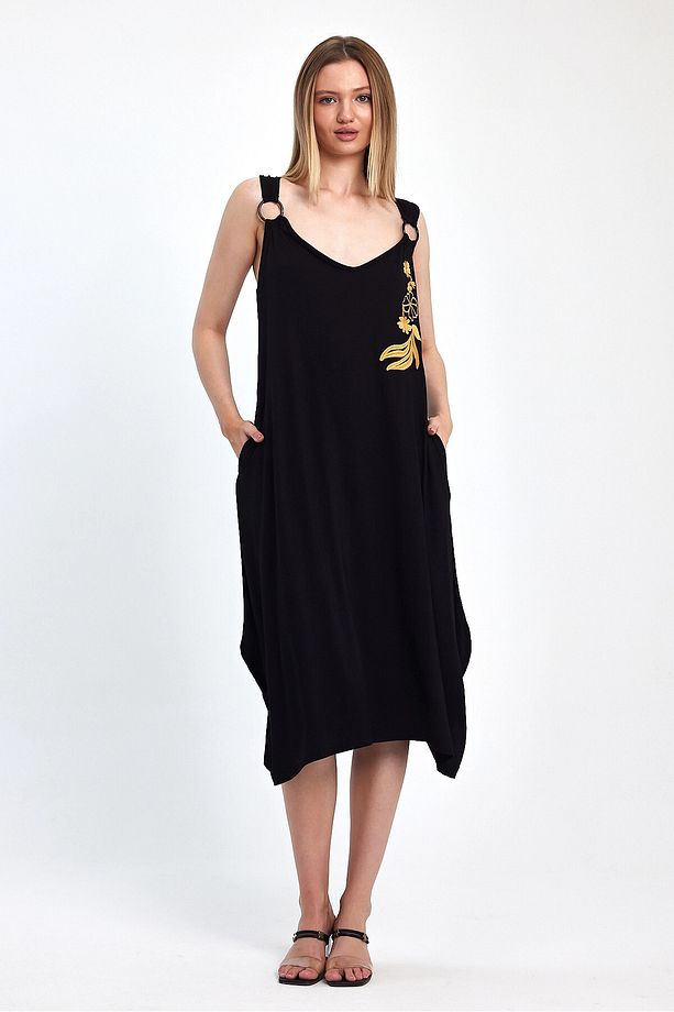 Maxi Boy Siyah Nakış Işlemeli Örme Viscon Elbise Bcvl-251039 - 3
