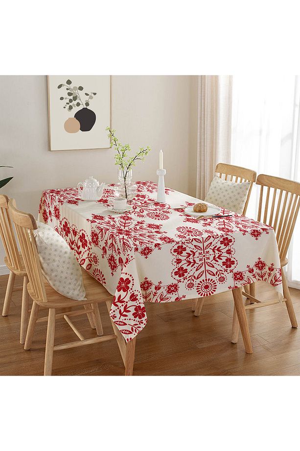 Kırmızı Çiçek Motif Desenli Dijital Baskı Dertsiz Kumaş Masa Örtüsü - 5
