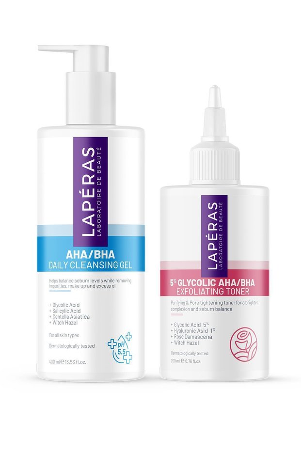 Aha/Bha Cleansing Gel & 5% Glycolic Acid Tonic Set | Purifying and Balancing Skin Care | Set of 2