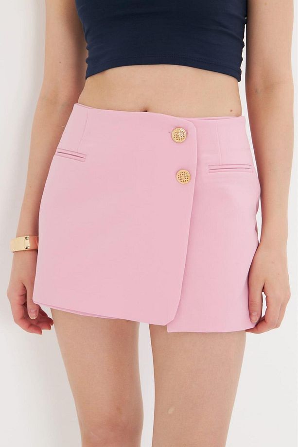 Normal Bel Arkası Şort Görünümlü Pembe Mini Şortlu Etek - 7