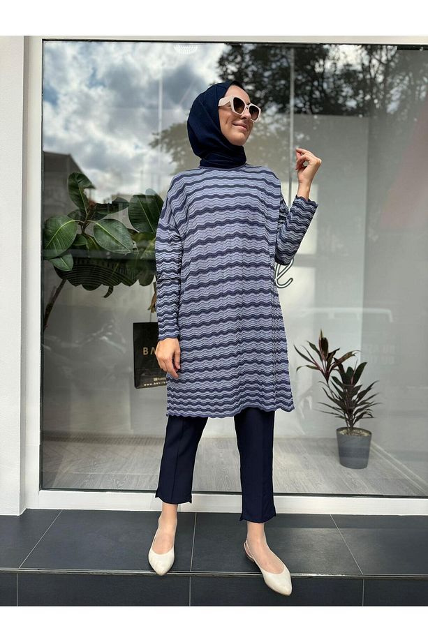 Su Dalgası Desen Triko Tunik Indigo - 4