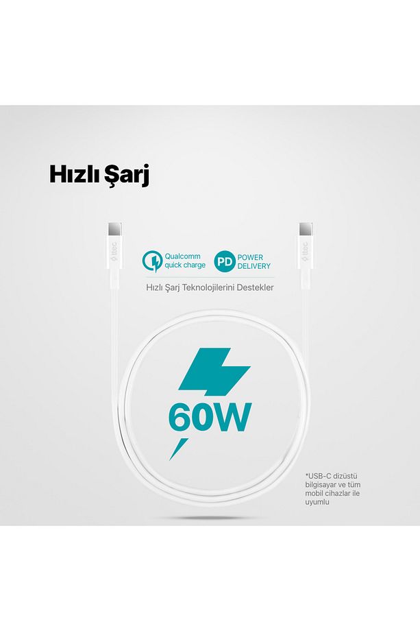 Type-c To Type-c 120cm 60w Pd/qc Hızlı Şarj/data Kablosu Beyaz 2dk36b - 2