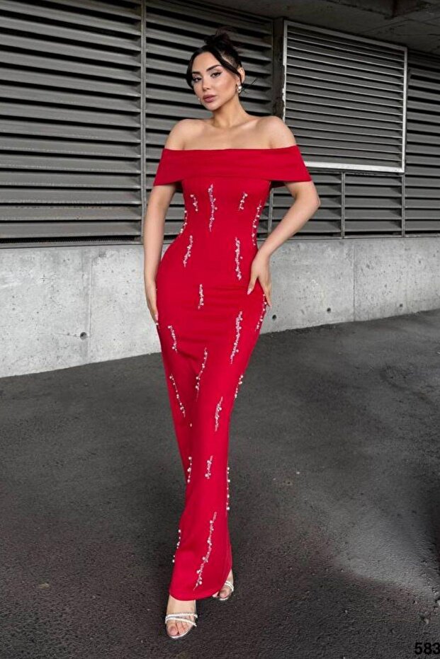 Stone Detailed Strapless Neck Scuba Fabric Dress Red 583241