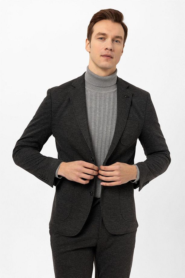 Antrasit Slim Fit Armürlü Mono Yaka 6 Drop Klasik Takım Elbise - 6