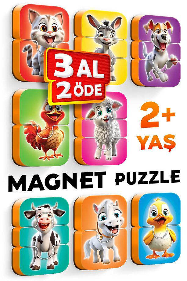 Çiftlik Hayvanları Mıknatıslı Yapboz 8 Adet 2-3 Parçalı Magnet Puzzle 2 Yaş - 1