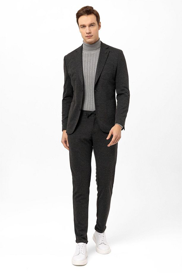 Antrasit Slim Fit Armürlü Mono Yaka 6 Drop Klasik Takım Elbise - 5