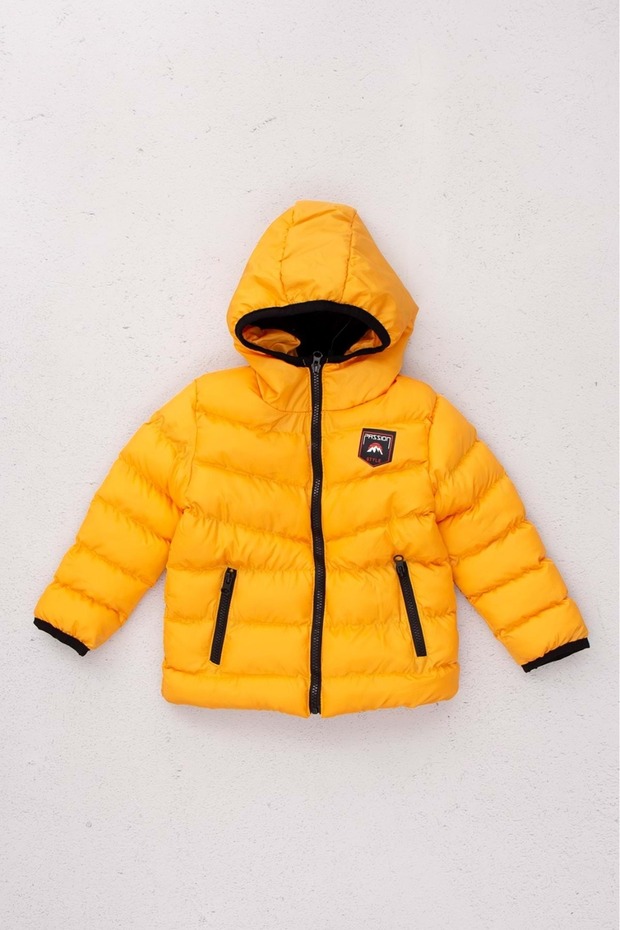 Fleece Inside Hooded Zipper Closure Boy's Coat - Yellow
