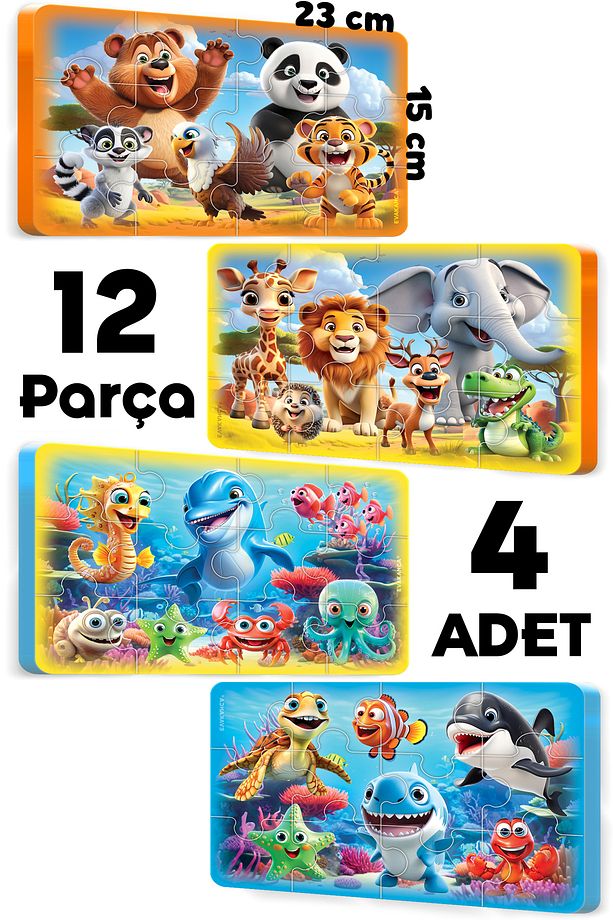12 Parçalı 4 Adet Kalın Çocuk Puzzle Yapboz - 9