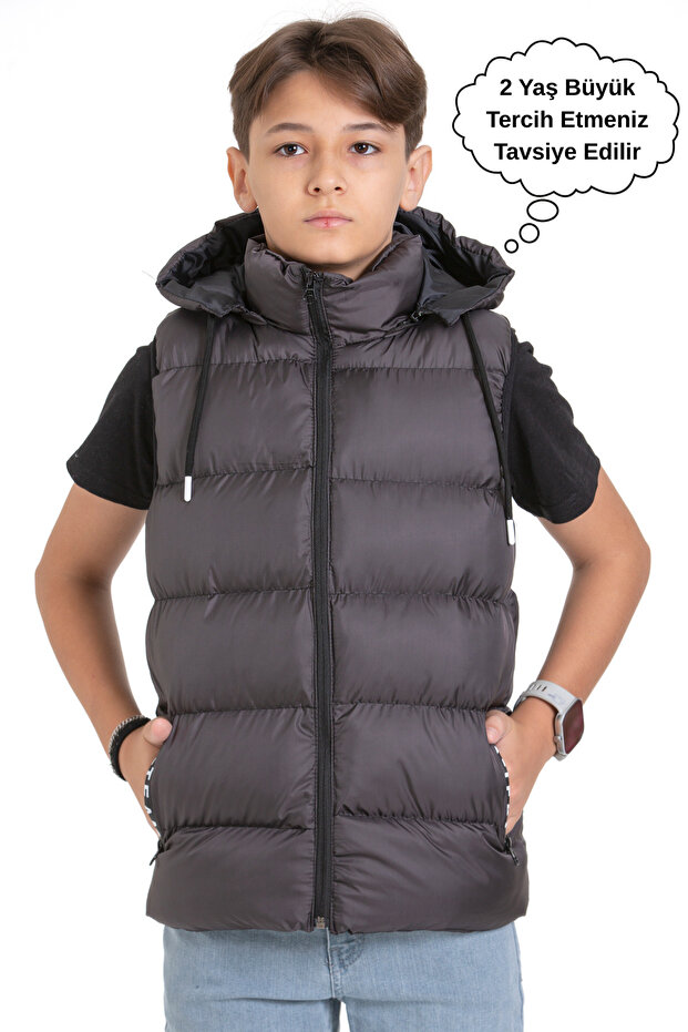 Boy's Removable Hooded Printed Lined Seasonal Puffer Vest with Pockets