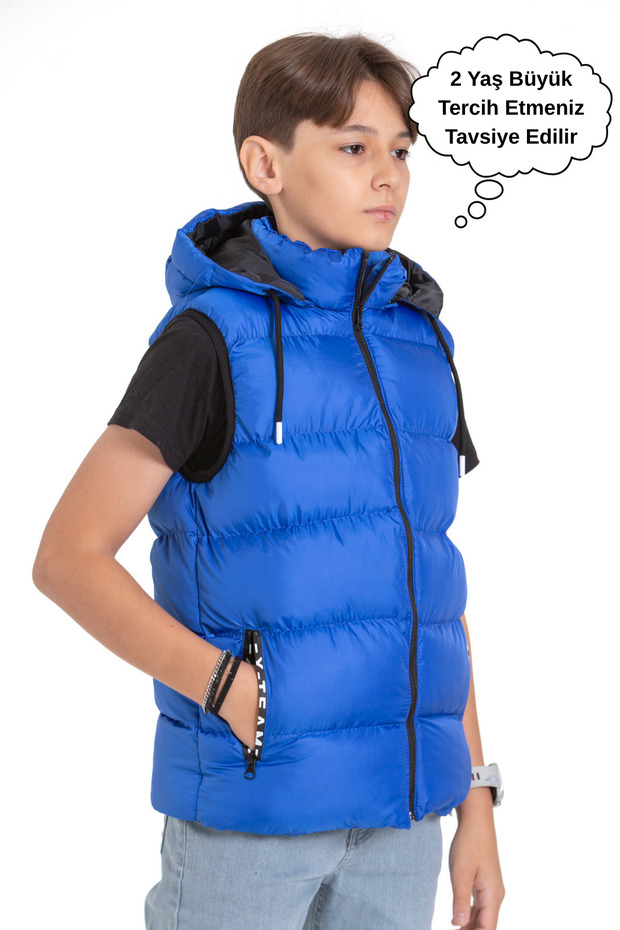 Boy's Removable Hooded Printed Lined Seasonal Puffer Vest with Pockets