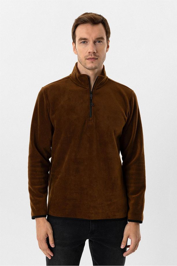 Koyu Kahve Regular Düz Sivri Yaka Sweatshirt - 1
