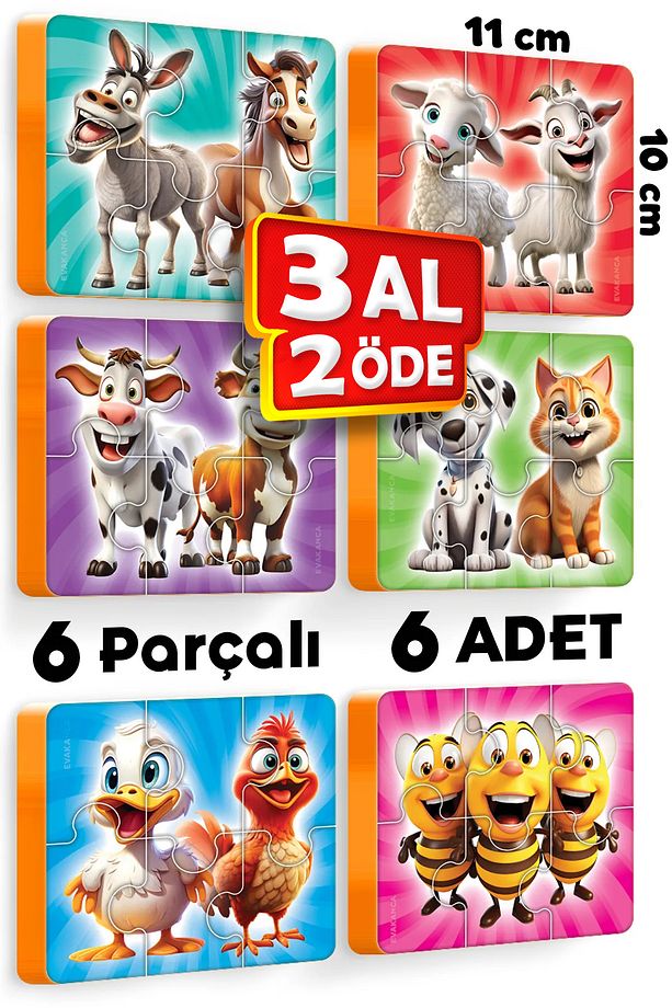 6 Parçalı 6 Adet Çiftlik Hayvanları Kalın Çocuk Puzzle Yapboz - 1
