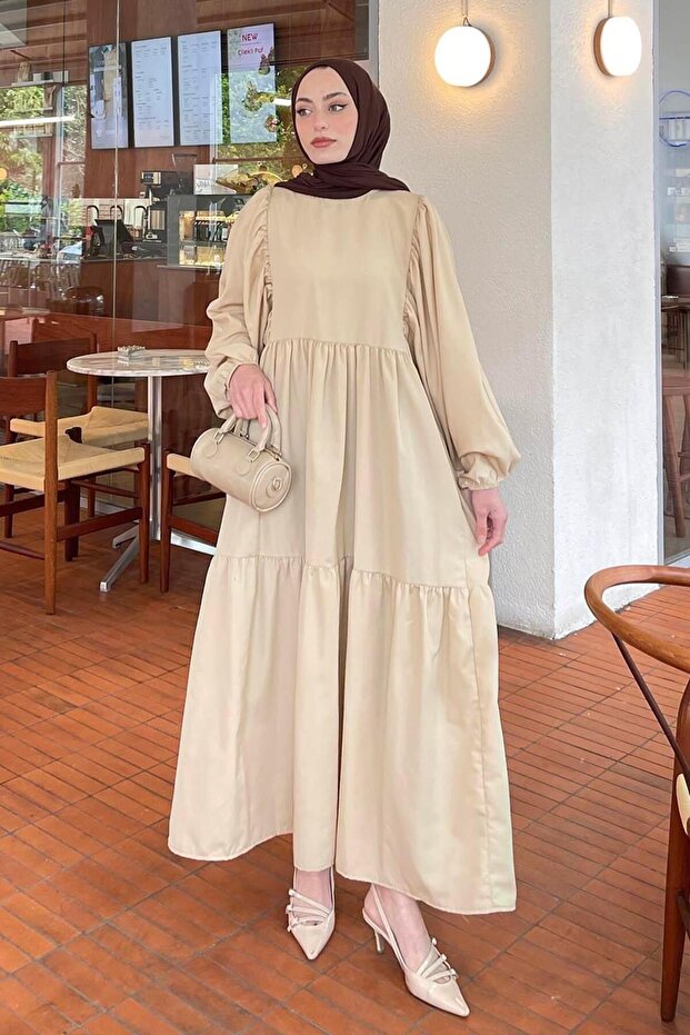 Balloon Sleeve Layered Summer Dress Stone