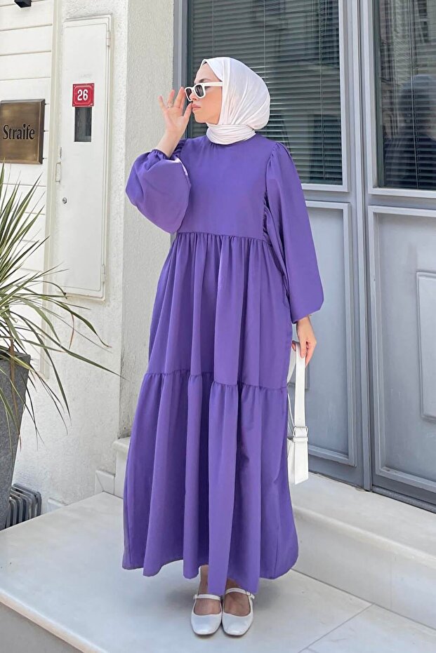Balloon sleeve layered summer dress - purple