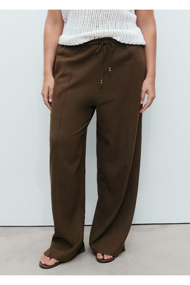 Keten karışımlı beli elastik pantolon - 7