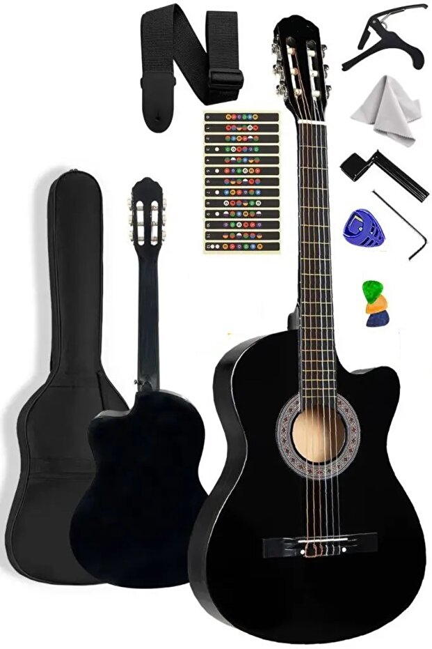 müzikhane Kesik Kasa Siyah Klasik Gitar Sap Ayarlı 4/4 Tam Boy Kılıf Askı Pena Kapo Çevirici Bez