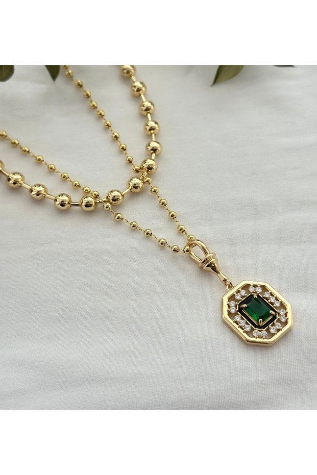 Serenay Double Necklace (Dorika Ball Necklace and Dorika Zircon Stone Green Baguette Necklace) Leyla Multiple Necklace