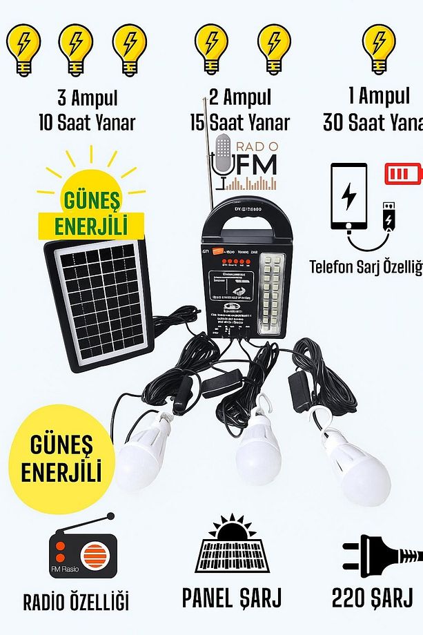 Dat 999 Radyolu Solar Güneş Enerjili Aydınlatma Sistemi Kamp Lambası 3 Adet Lambalı At-999 - 2