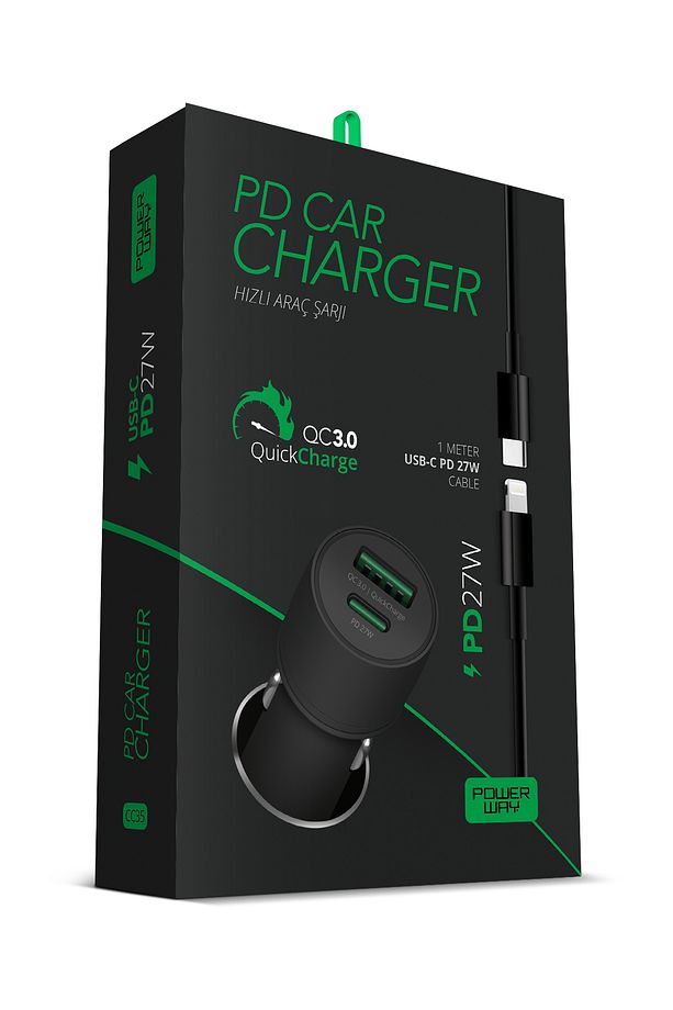 Cc35 Araç Içi Çakmaklık Hızlı Şarj Cihazı 27w Pd Qc 3.0 Type-c Usb Çıkışlı Lightning Kablo - 1