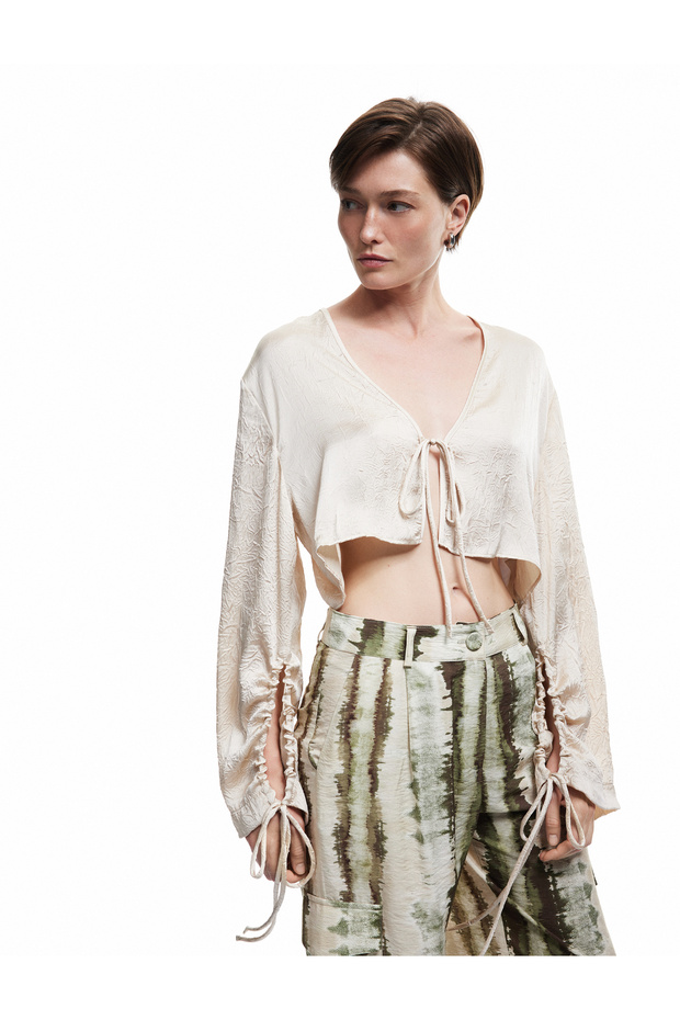 Tie-Up Bow Detail V Neck Gathered Long Sleeve Satin Crop Blouse