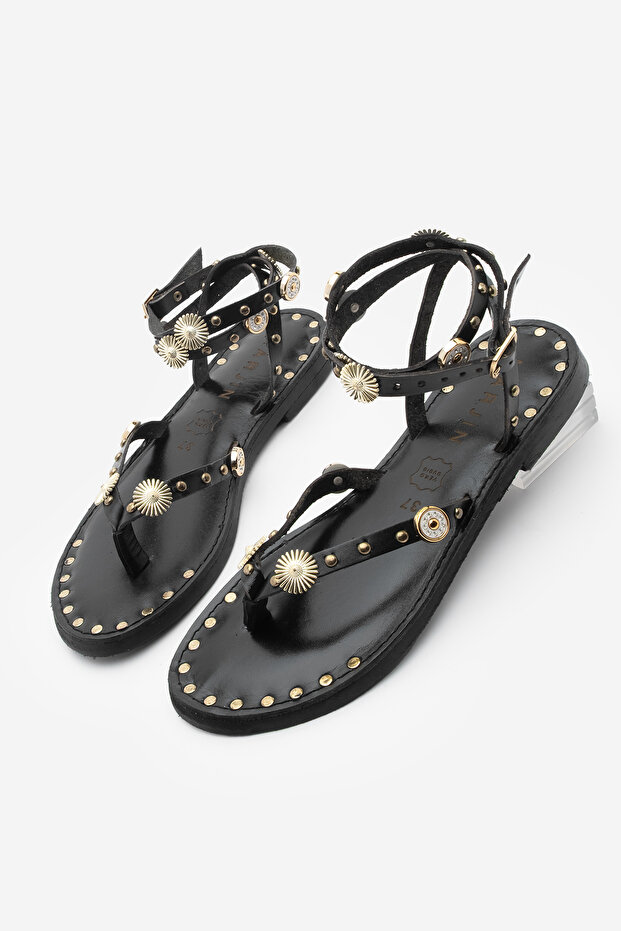 Women's Genuine Leather Ankle Strap Flip Flop Studded Daily Sandals Zoney Black