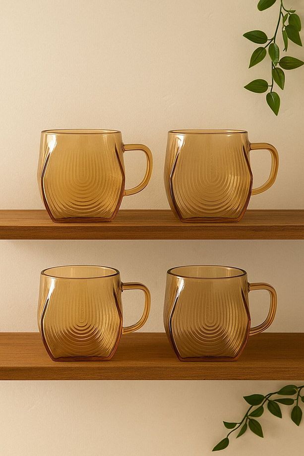Borosilikat Cam Amber Salyangoz Desenli Bardak 4 Adet 300 ML - 1