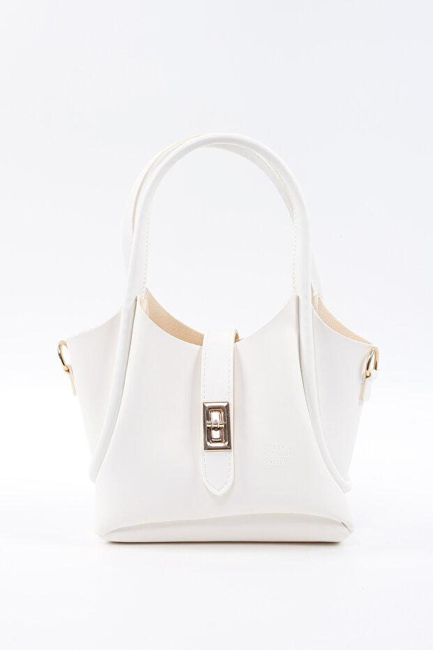 White Shk187 Faux Leather Hand, Arm and Shoulder Bag with Lock Detail and Adjustable Strap
