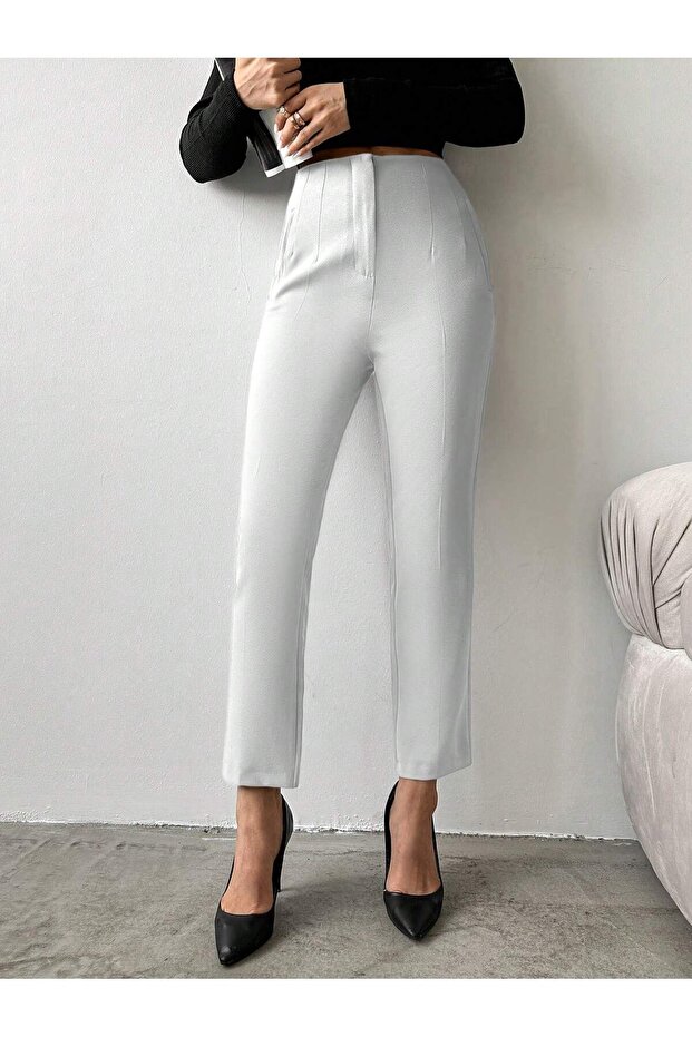 Women's White High Waist Collet Fabric Trousers