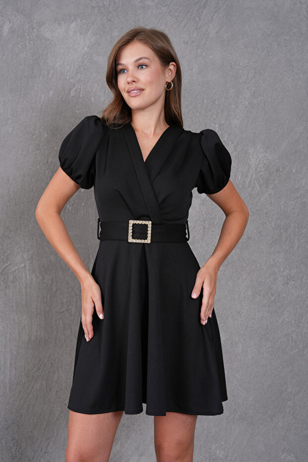 Black Crepe Fabric Sash Design V-Neck Balloon Sleeves Mini Dress 77125