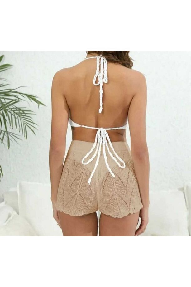 Ajurlu Model Belden Bağlamalı Bikini Üstü Şort - 2