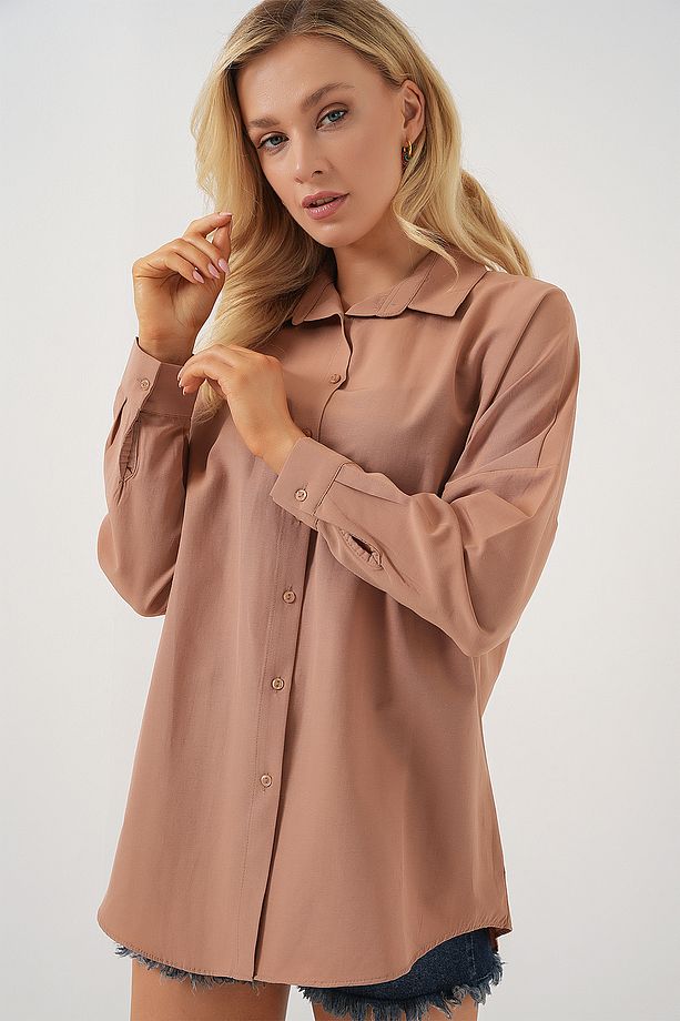 3900 Oversize Uzun Basic Gömlek - Camel - 3