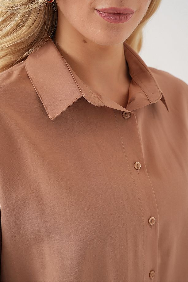 3900 Oversize Uzun Basic Gömlek - Camel - 5