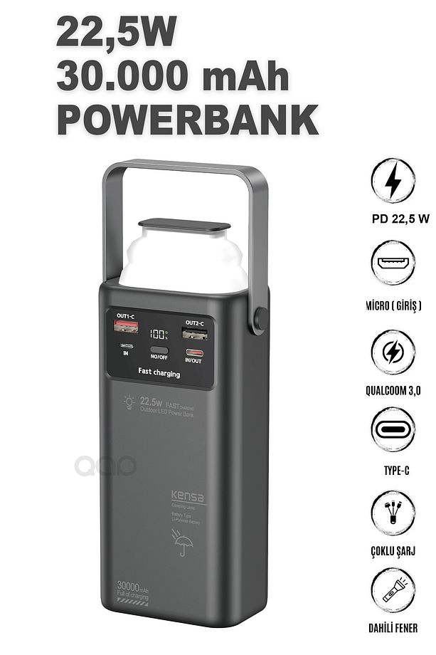 30000 Mah Kendinden Kablolu Led Fener Kamp 22.5 Watt Süper Hızlı Powerbank Iphone Ve Android Uyumlu - 2