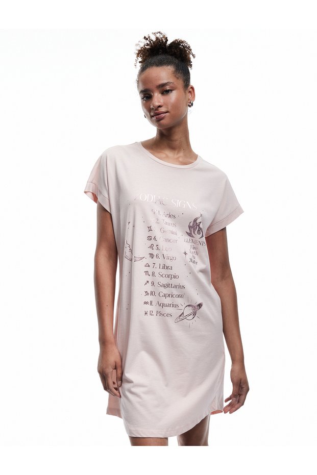 Cotton Short Sleeve Crew Neck Astrology Themed Printed Nightdress
