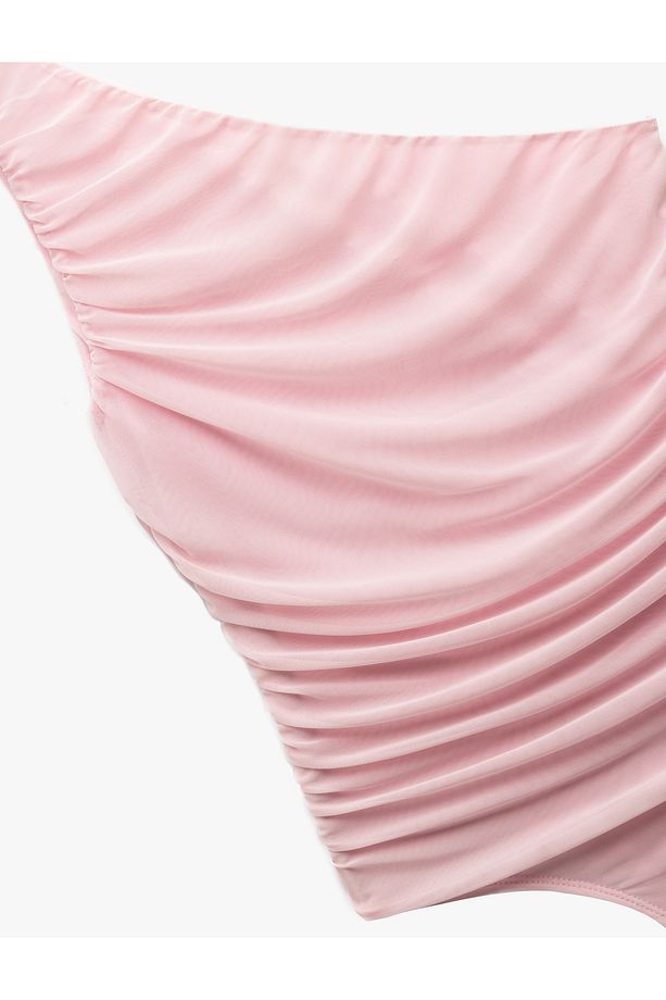 Yarı Transparan Asimetrik Tek Omuz Tül Bodysuit - 6