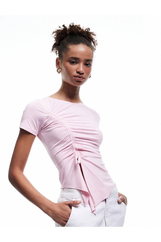 Gathered Crew Neck Short Sleeve Asymmetrical T-Shirt