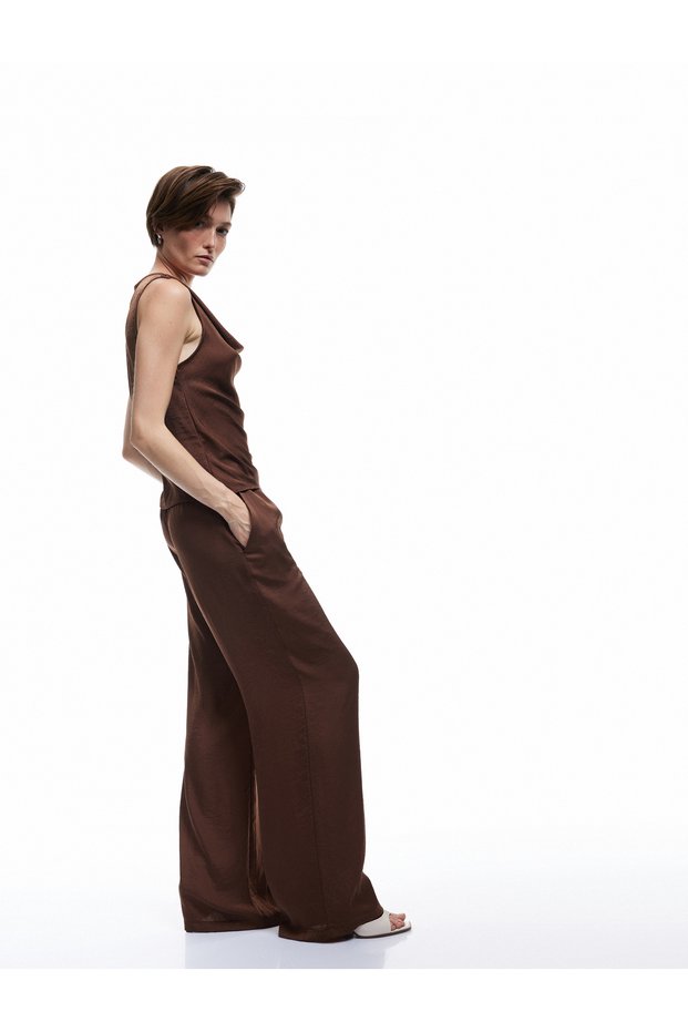 Long Wide Leg Palazzo Satin Pants with Standard Waist Pockets