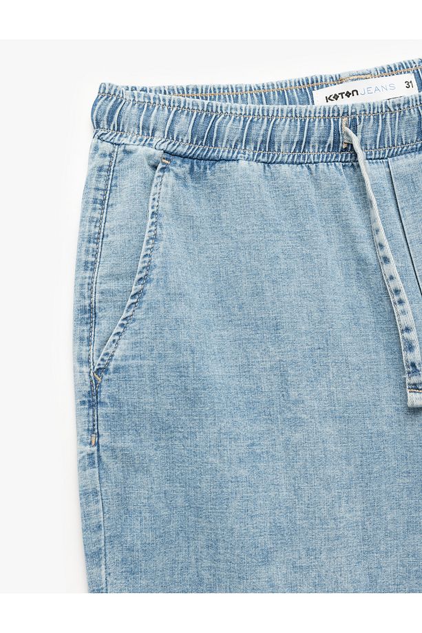 Pamuklu Bol Cep Detaylı Oversize Beli Bağcıklı Bermuda Jean Şort - 6