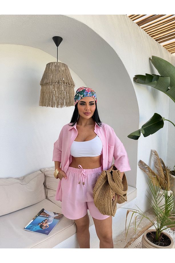 Kadın Keten Kumaş Oversize Gömlek Şort Takımı - 3