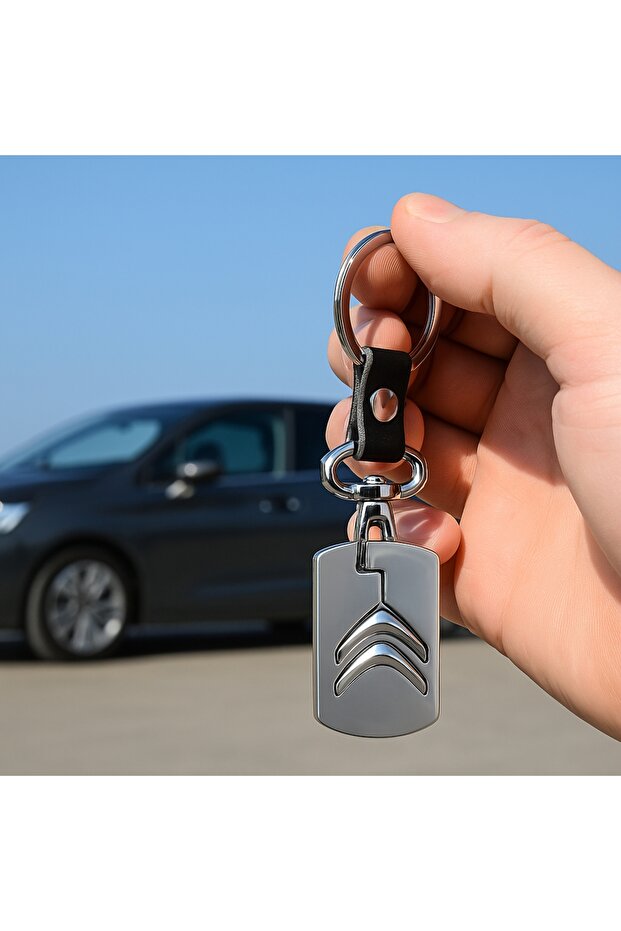 سلسلة مفاتيح سيارة مصنوعة من الجلد والكروم مع شعار Citroen