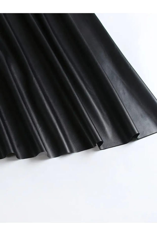 Női fekete műbőr hosszú, bővülő Mevlana szoknya elöl cipzárral, magas derékkal, stílusos kialakítással - 8