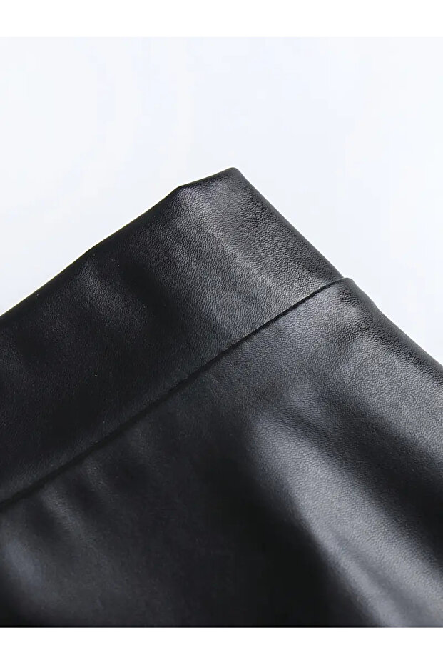 Női fekete műbőr hosszú, bővülő Mevlana szoknya elöl cipzárral, magas derékkal, stílusos kialakítással - 6