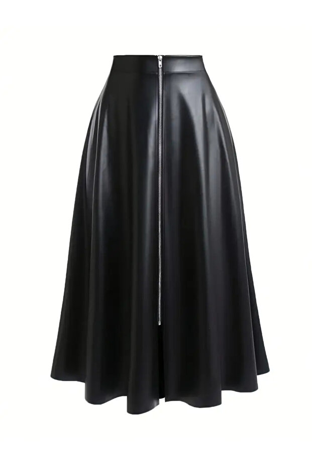 Női fekete műbőr hosszú, bővülő Mevlana szoknya elöl cipzárral, magas derékkal, stílusos kialakítással - 1