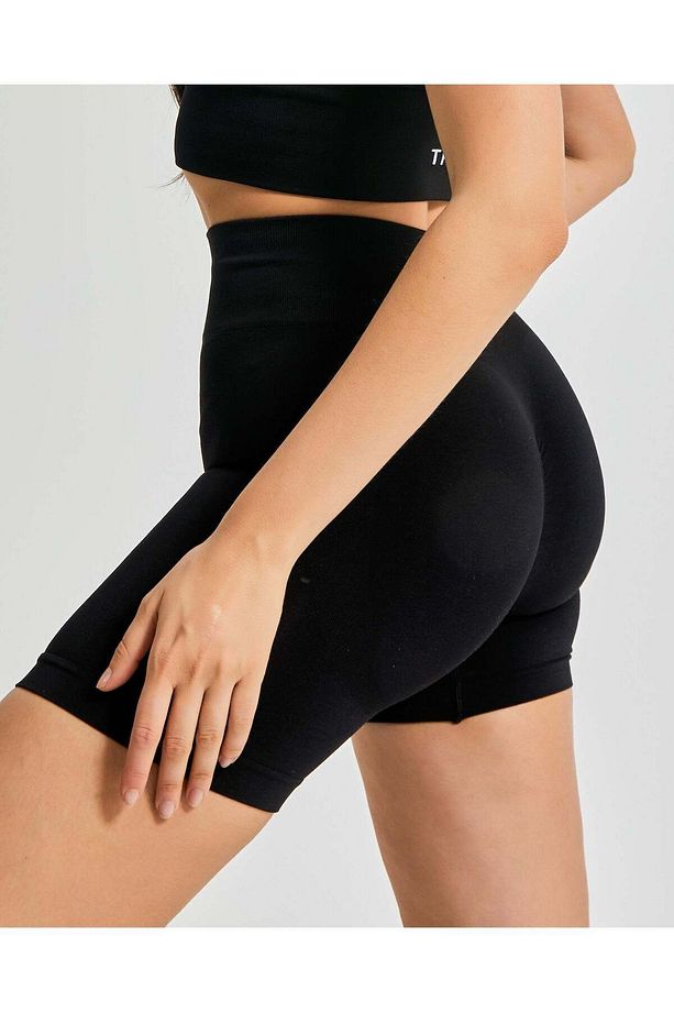 Yüksek Bel Scrunch Seamless Şort - Siyah - 1